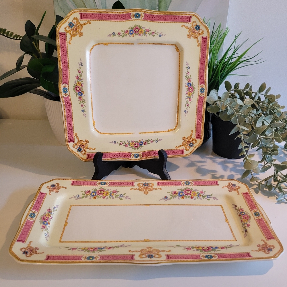 Vtg 40s Set of 2 Myott Melrose Platters Pink Yellow Floral Square and Rectangle